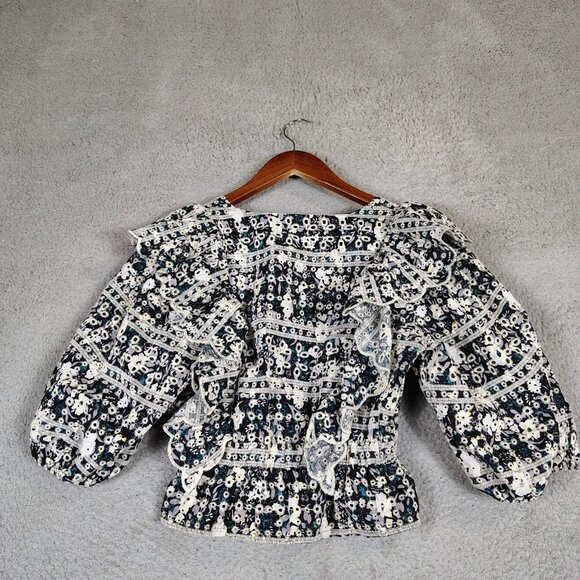 En Saison Alessandra Top Women's XS Black White Floral Eyelet Embroidered Ruffle - Picture 2 of 10